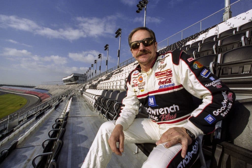 DAYTONA BEACH, FL - FEB 4, 2001 - Dale Earnhardt checks out the view from the newly completed Earnhardt Grandstand during winter testing, two weeks before the Daytona 500, at Daytona International Speedway, Daytona Beach, FL, in this file photo from February 2001. 