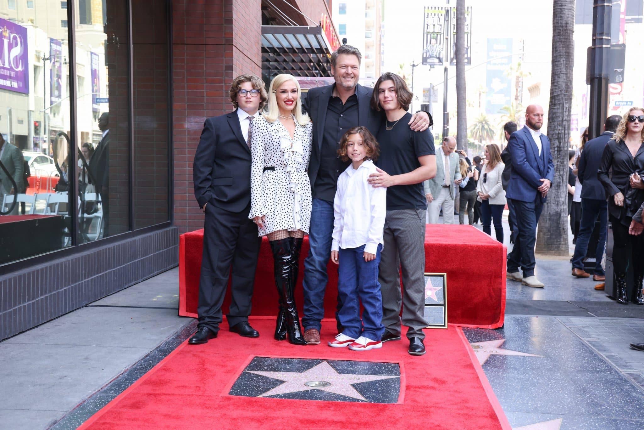 Zuma Rossdale, Gwen Stefani, Blake Shelton, Apollo Rossdale at the star ceremony where Blake Shelton is honored with a star on the Hollywood Walk of Fame on May 12, 2023 in Los Angeles, California. 