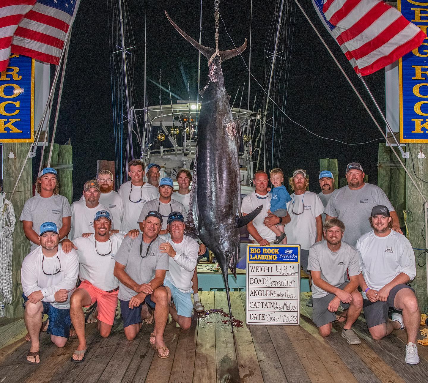 A photo of the 619.4lb blue marlin caught by boat team Sensation.
