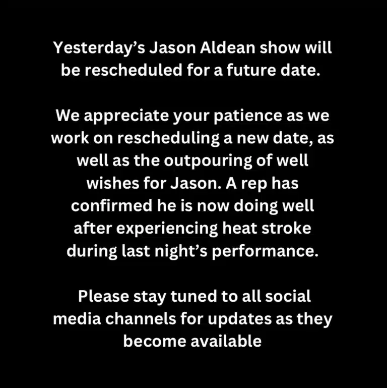 Statement about Jason Aldean suffering heat stroke