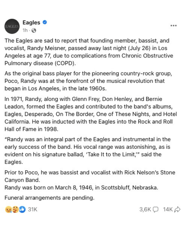 Statement from The Eagles about Randy Meisner's death