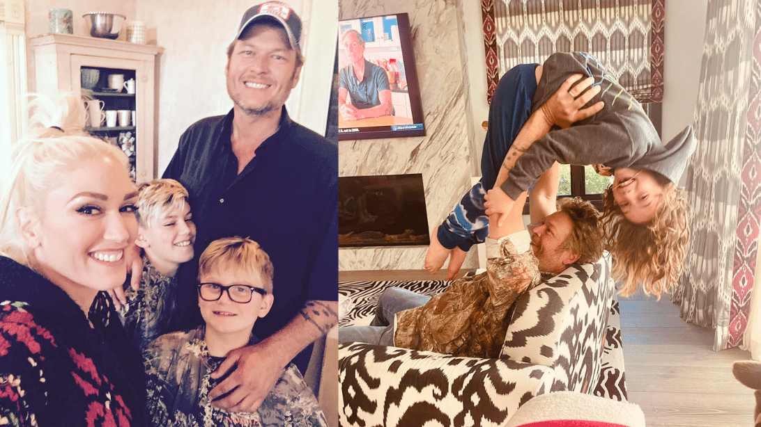 A photo of Blake Shelton and Gwen Stefani with their family.