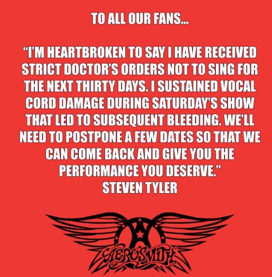 Statement from Steven Tyler about need to postpone Aerosmith concerts
