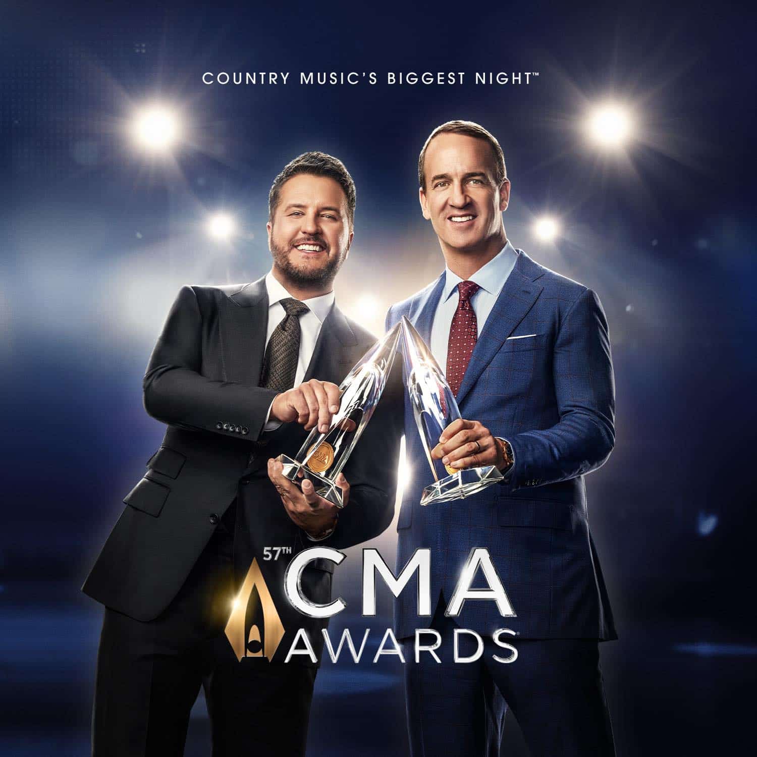 Promotional image of Luke Bryan and Peyton Manning for the 2023 CMA Awards