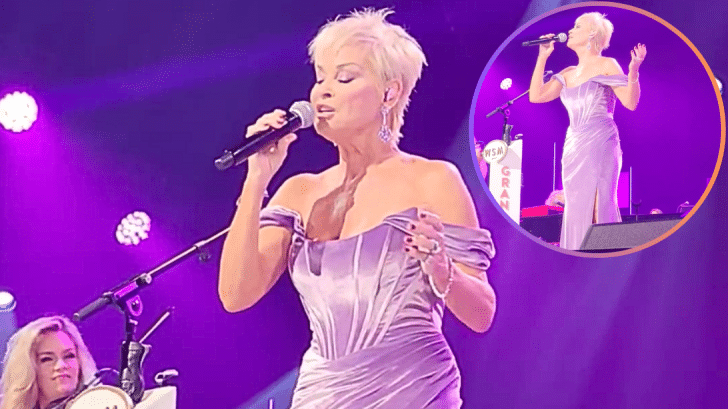 Photo of Lorrie Morgan singing "When You Say Nothing At All" at Keith Whitley tribute show.