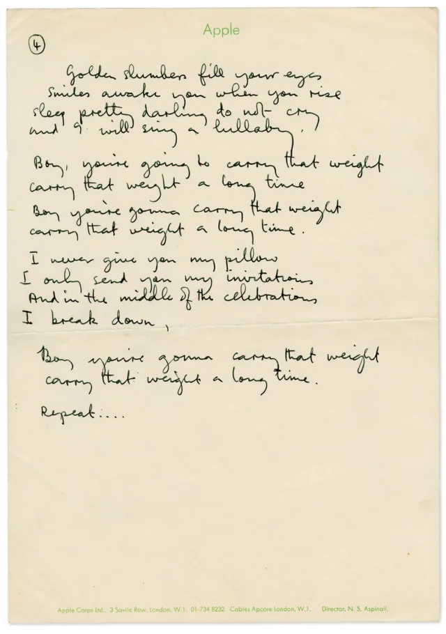 Paul McCartney's handwritten lyrics for "Golden Slumbers"