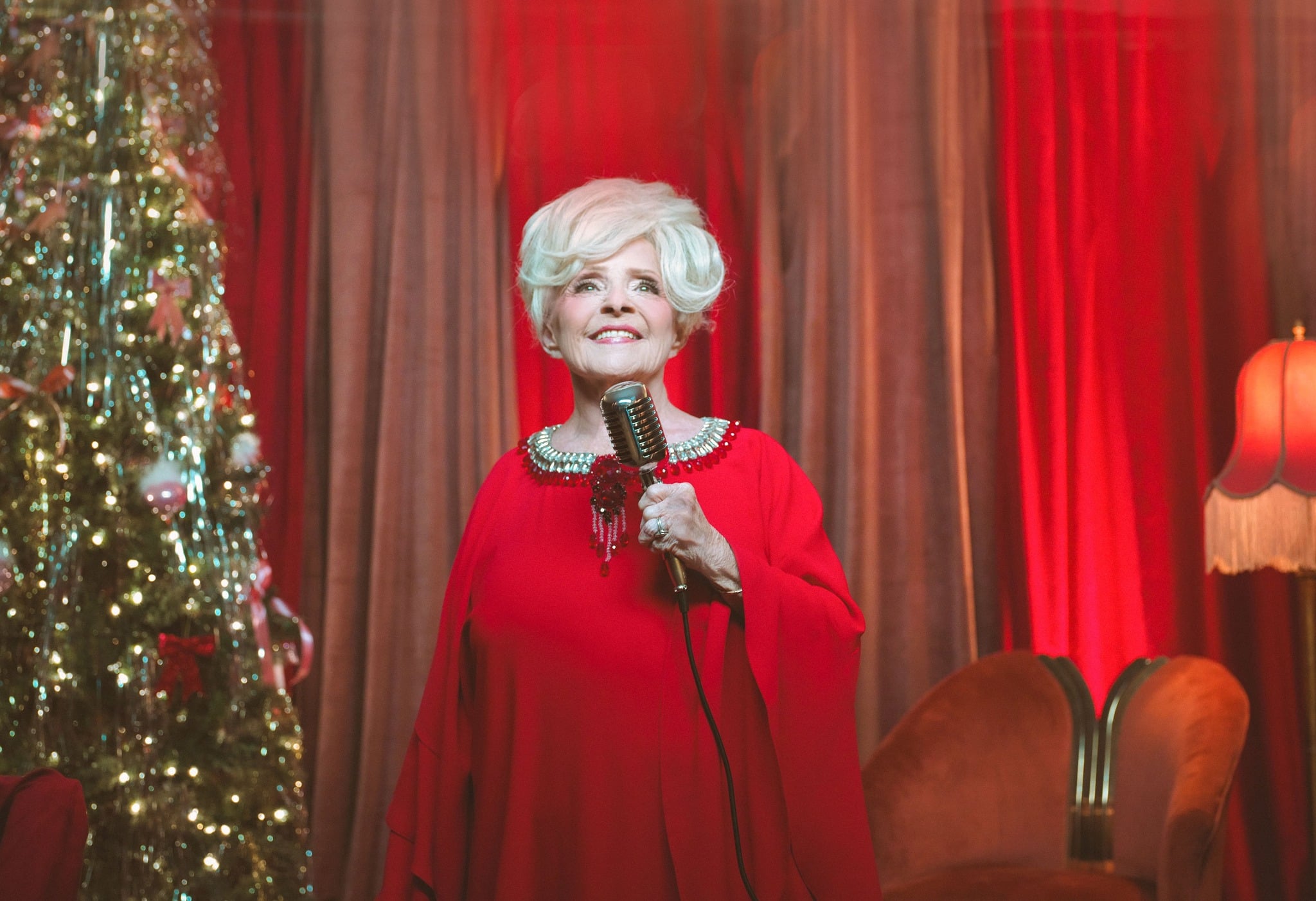 Brenda Lee in her new video for "Rockin' Around the Christmas Tree"