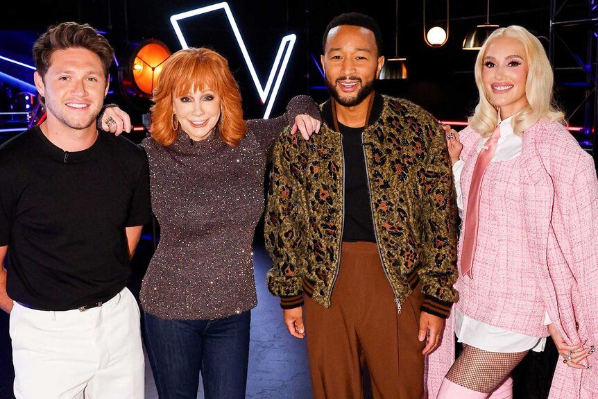 Niall Horan, Reba McEntire, John Legend and Gwen Stefani during the "Knock Outs Part 3" Episode 2415 of The Voice.