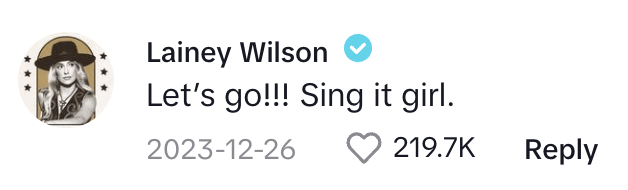 Lainey Wilson's comment on The Singing Barber's TikTok video.