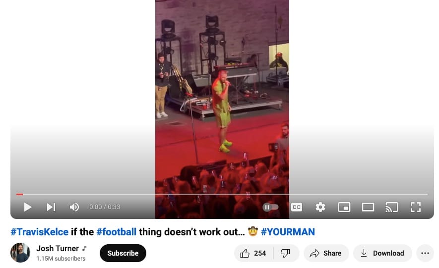 Josh Turner originally shared the video of Travis Kelce singing "Your Man" after the performance in May 2023
