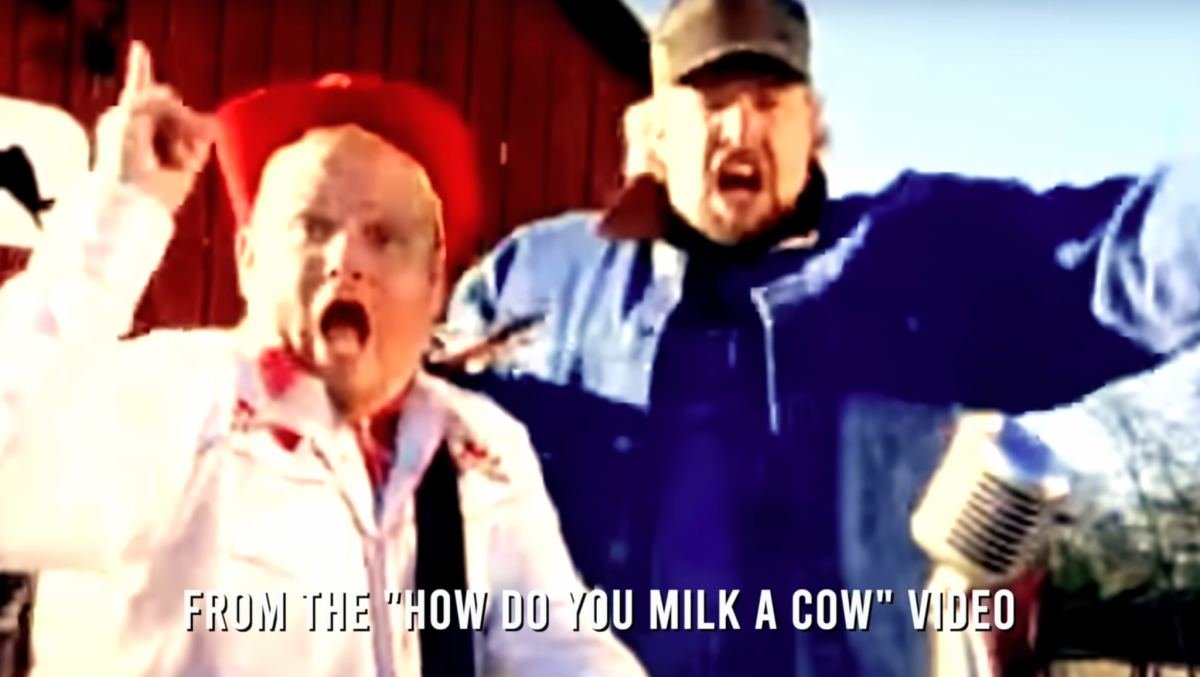 Cledus T. Judd and Toby Keith in Judd's pardody video for "How Do You Milk A Cow?"