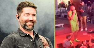 On the left, is a photo of Josh Turner smiling. On the right is a photo of Travis Kelce singing Josh Turner's song "Your Man" in 2023.