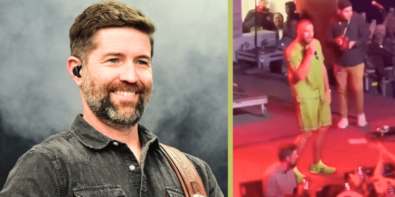 On the left, is a photo of Josh Turner smiling. On the right is a photo of Travis Kelce singing Josh Turner's song 