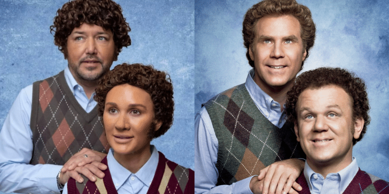 A side-by-side comparison of the Step Brothers movie cover recreated by Jason and Brittany Aldean.