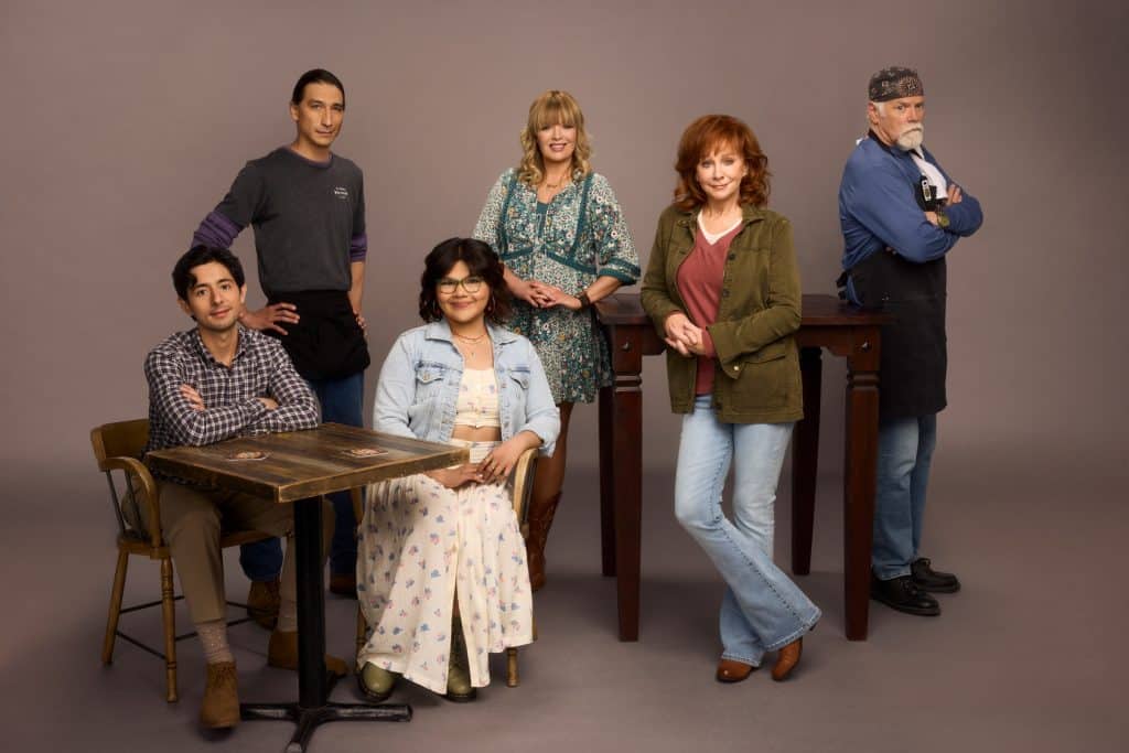 The cast of Happy's Place - Pablo Castelblanco as Steve, Tokala Black Elk as Takoda, Belissa Escobedo as Isabella, Melissa Peterman as Gabby, Reba McEntire as Bobbie, Rex Linn as Emmett 