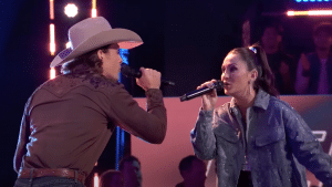 Camryn Brooks and Rowdy Shea perform during the battle rounds of The Voice.