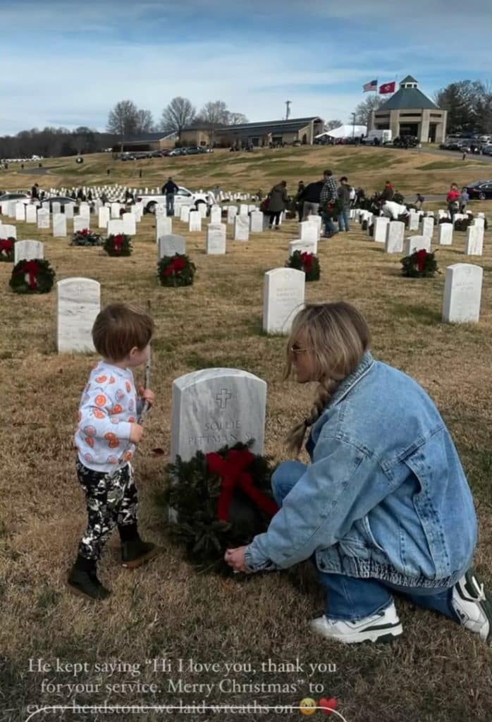 Luke Combs' wife Nicole and sons lay wreaths at a national cemetery