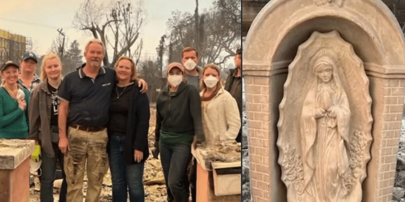 The Halkprin family returned home after the fire to find their Virgin Mary statue standing