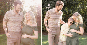 Lady A's Charles Kelley, his wife Cassie, and their son Ward in maternity photos announcing their pregnancy news.