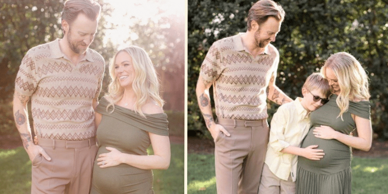 Lady A's Charles Kelley, his wife Cassie, and their son Ward in maternity photos announcing their pregnancy news.