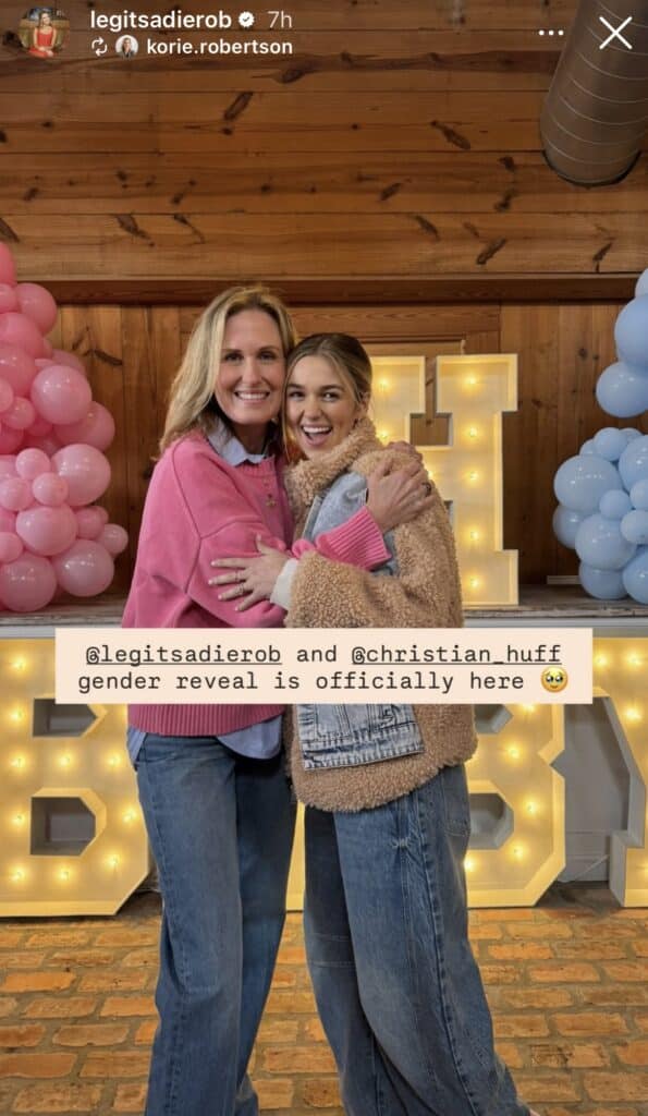 Korie Robertson and Sadie Robertson Huff at Sadie's gender reveal for Baby #3