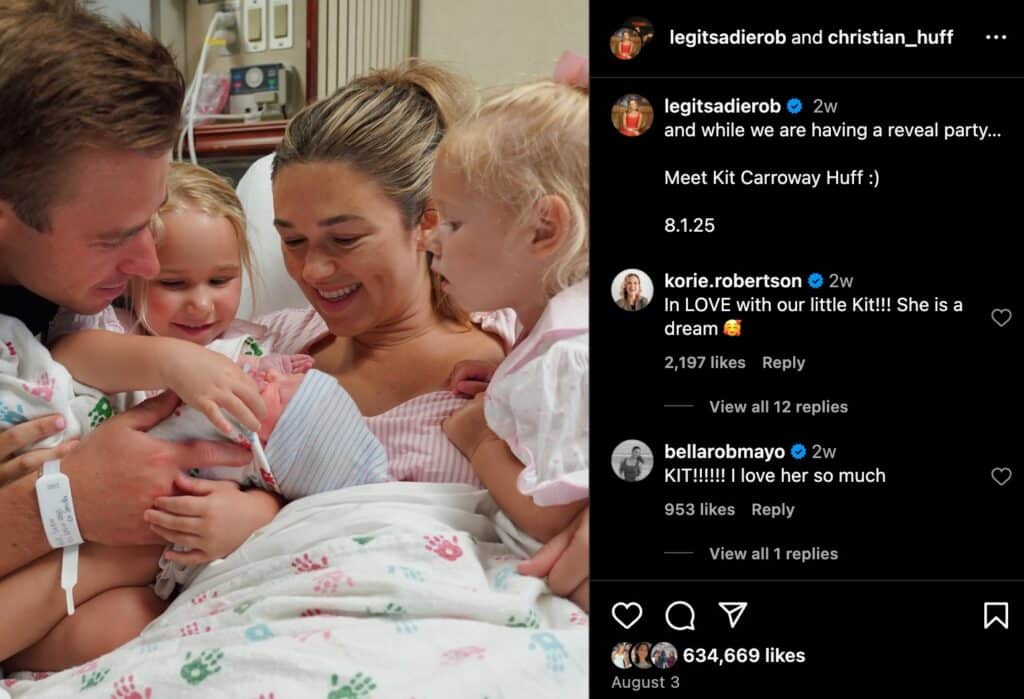 Sadie Robertson announces the arrival of third daughter, Kit, on August 3