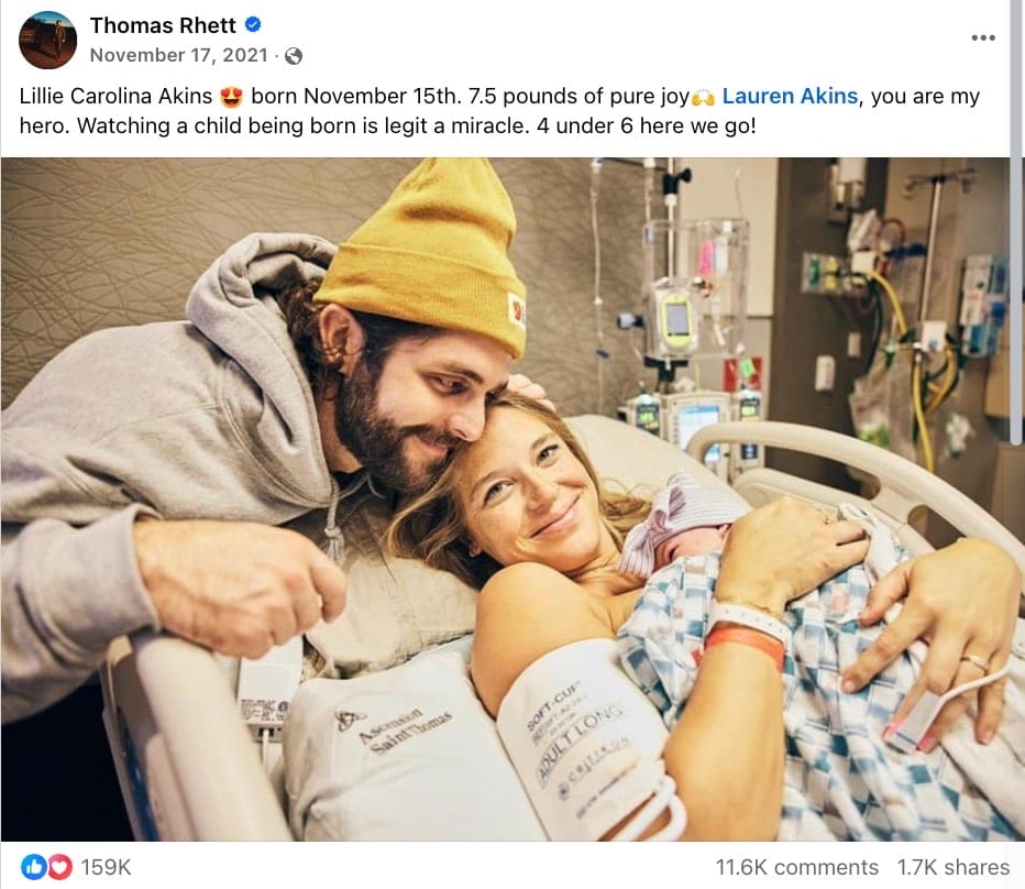 Thomas Rhett announces the birth of his fourth daughter with wife, Lauren