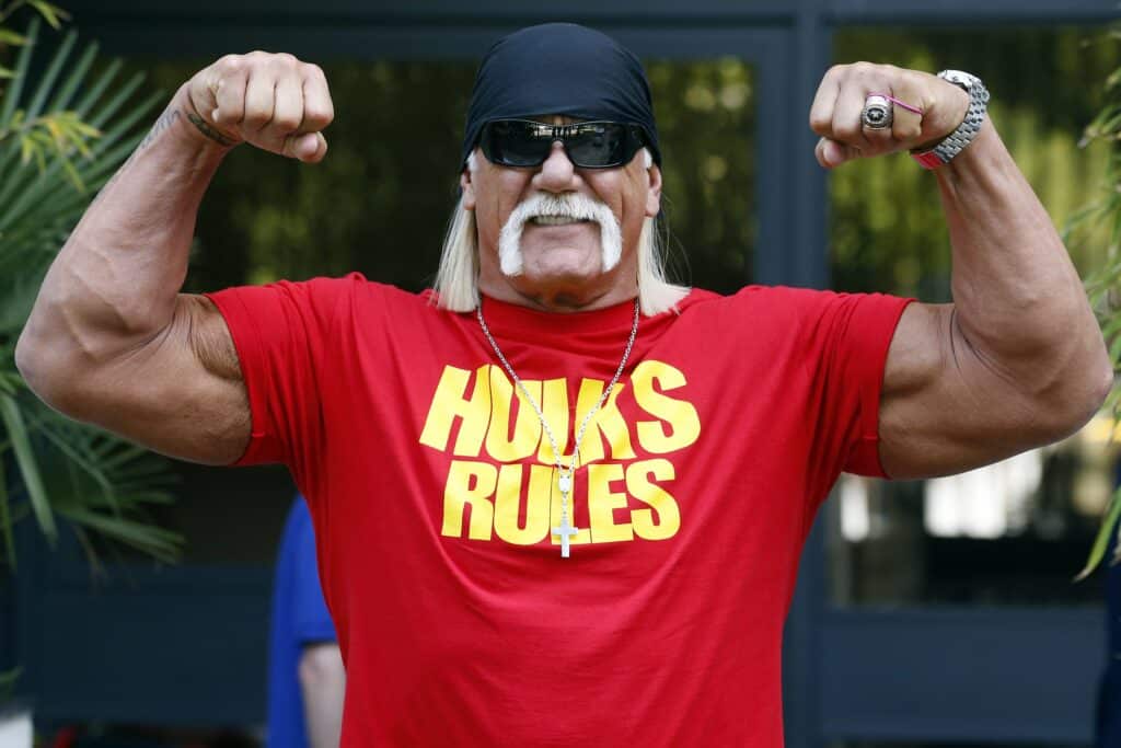 WWE star Hulk Hogan flexes his muscles in 