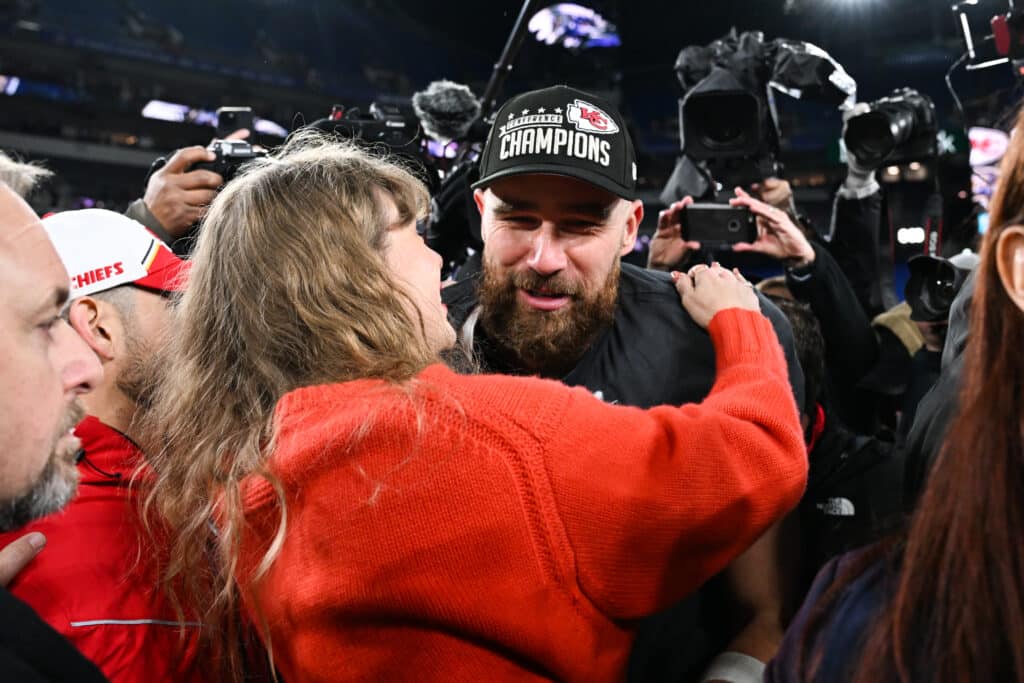 Taylor Swift and Travis Kelce after the AFC championship in 2024
