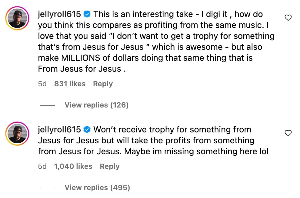 Jelly Roll comments on Forrest Frank's video about not attending the Dove Awards