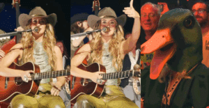 Lainey Wilson fan wears a duck mask at the singer's concert