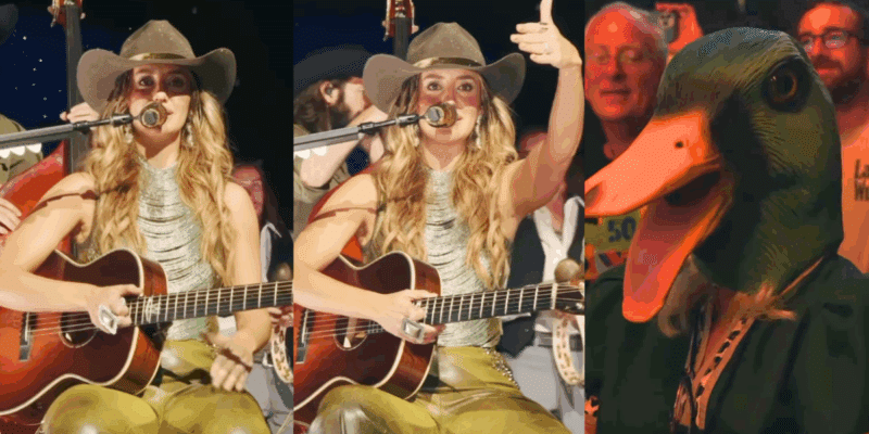 Lainey Wilson fan wears a duck mask at the singer's concert