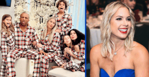 Coffey Anderson and Criscilla with their kids on Christmas, and Criscilla in a blue dress at an event