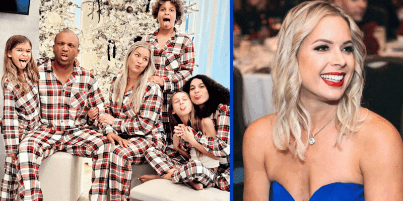 Coffey Anderson and Criscilla with their kids on Christmas, and Criscilla in a blue dress at an event