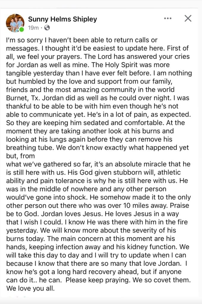Sunny Helms Shipley, Jordan's Shipley's wife, gives an update on her husband's condition