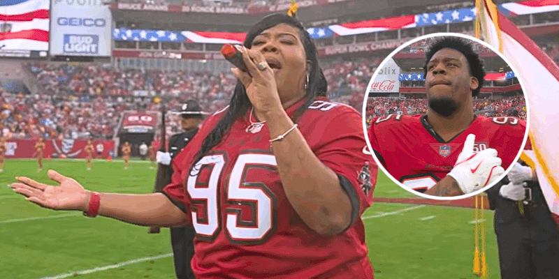NFL rookie Elijah Roberts' mother, Shanda Roberts, sang the National Anthem ahead of the Jan. 3 game between the Tampa Bay Buccaneers and Carolina Panthers.