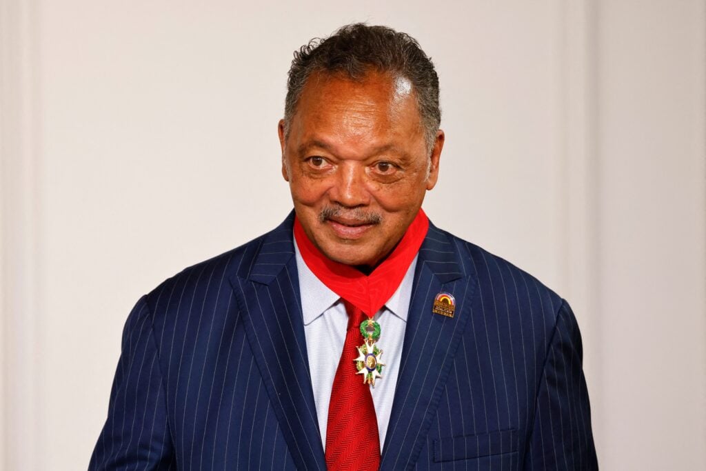 Veteran American civil rights activist Reverend Jesse Jackson looks after being awarded with the Legion of Honour by French President at the Elysee Palace in Paris on July 19, 2021.