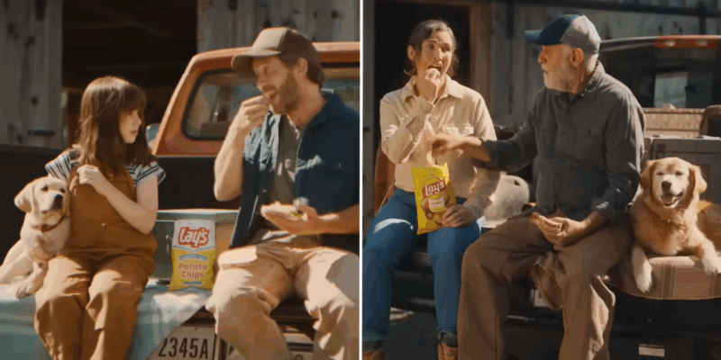 farmer and daughter sit on a truck bed eating lays potato chips