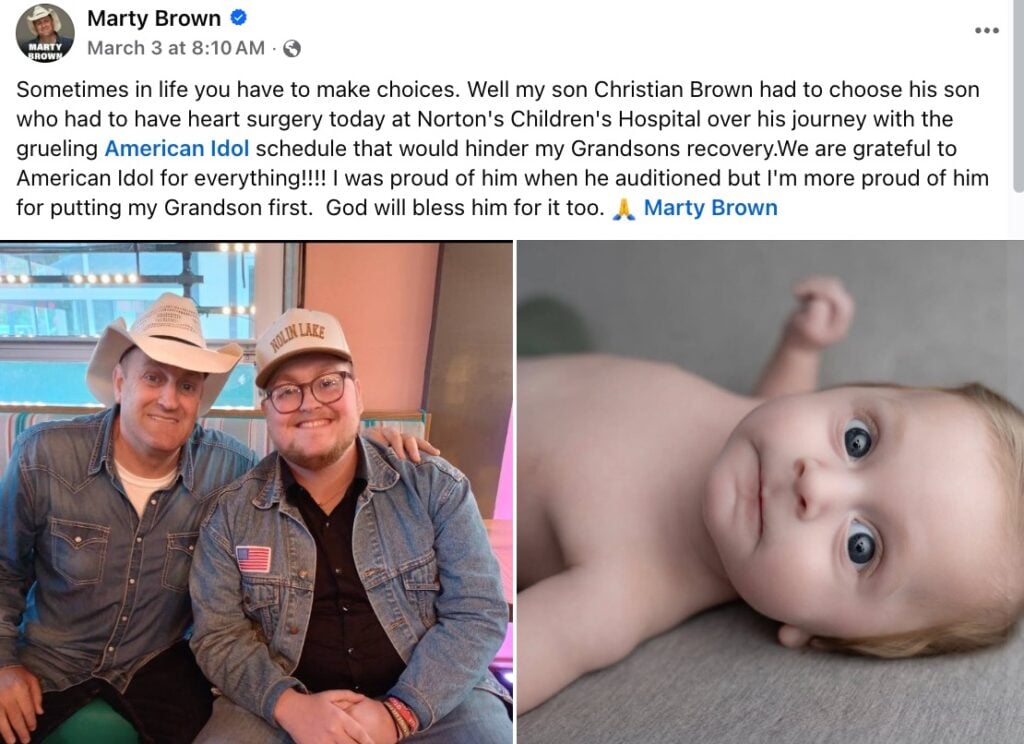 Marty Brown praises son Christian for leaving American Idol press tour to be with infant son, Isaiah, who had to undergo heart surgery.